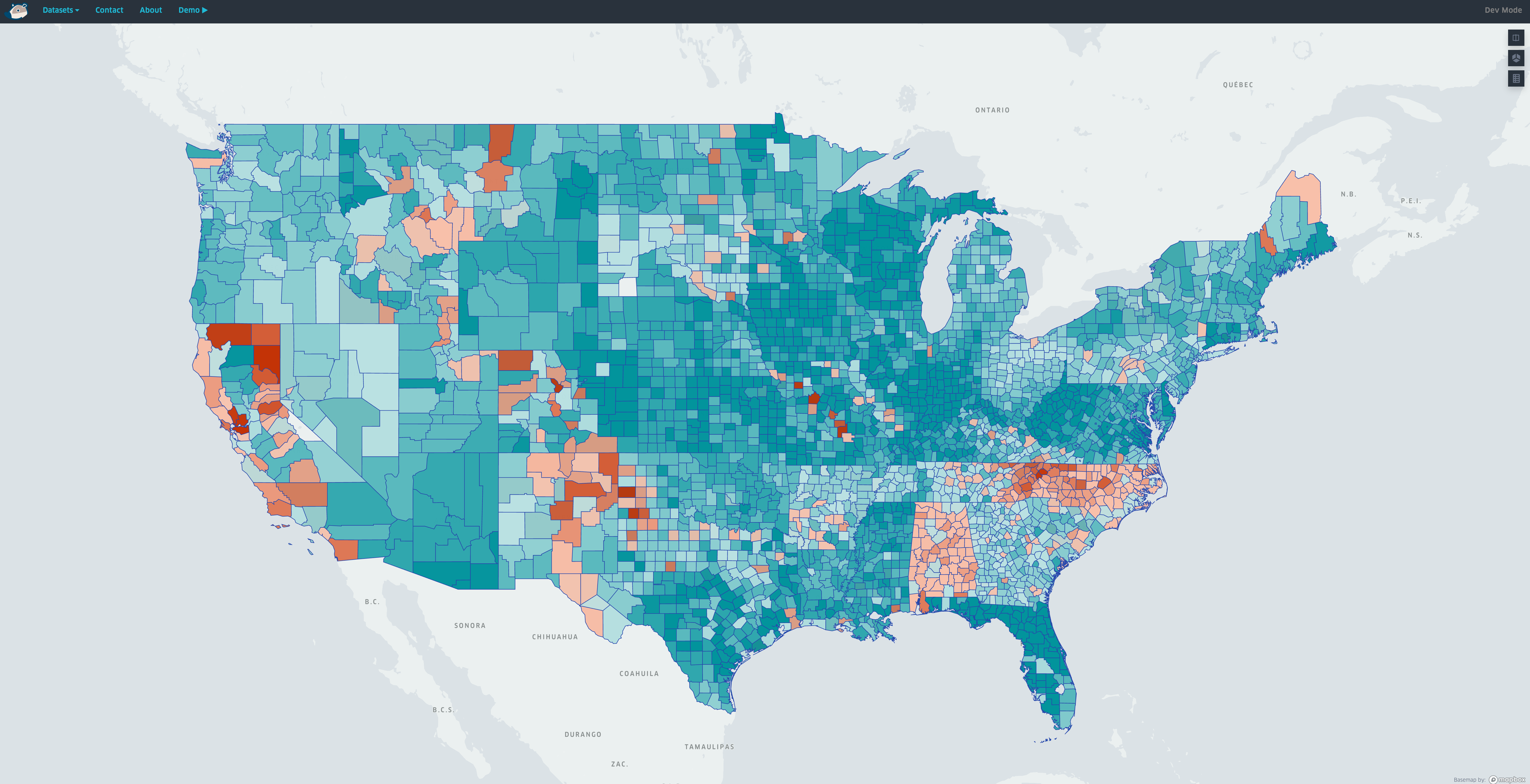 Map of US divided and color-coded by counties