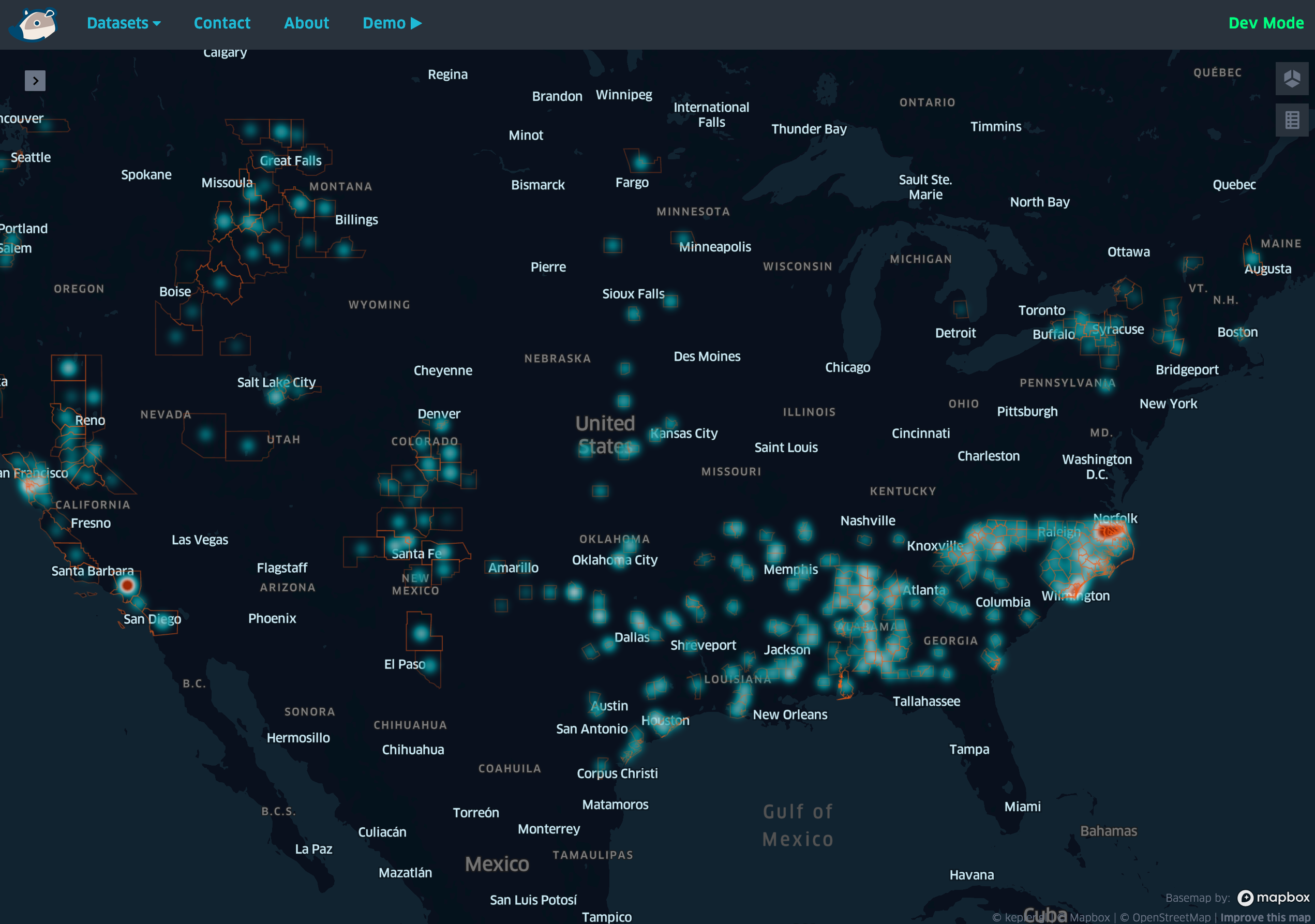 Map showing hotspots over areas in the US southeast