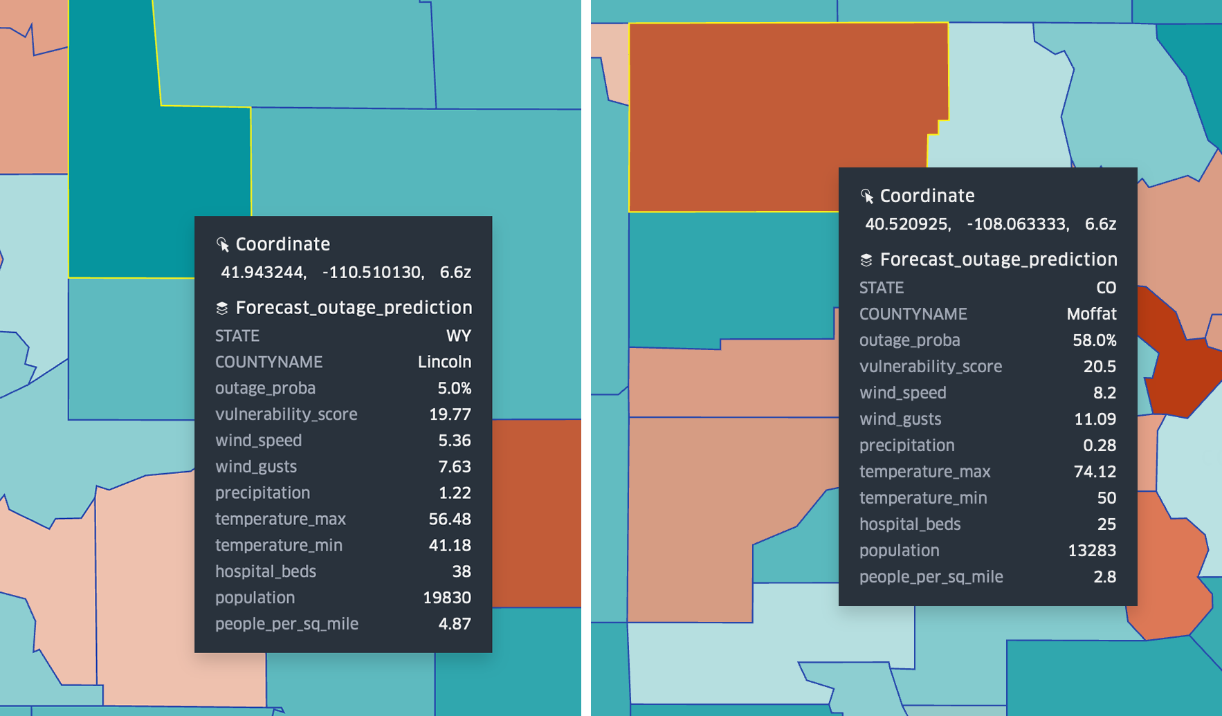 side-by-side view of two counties with two different colors showing a difference in probablility