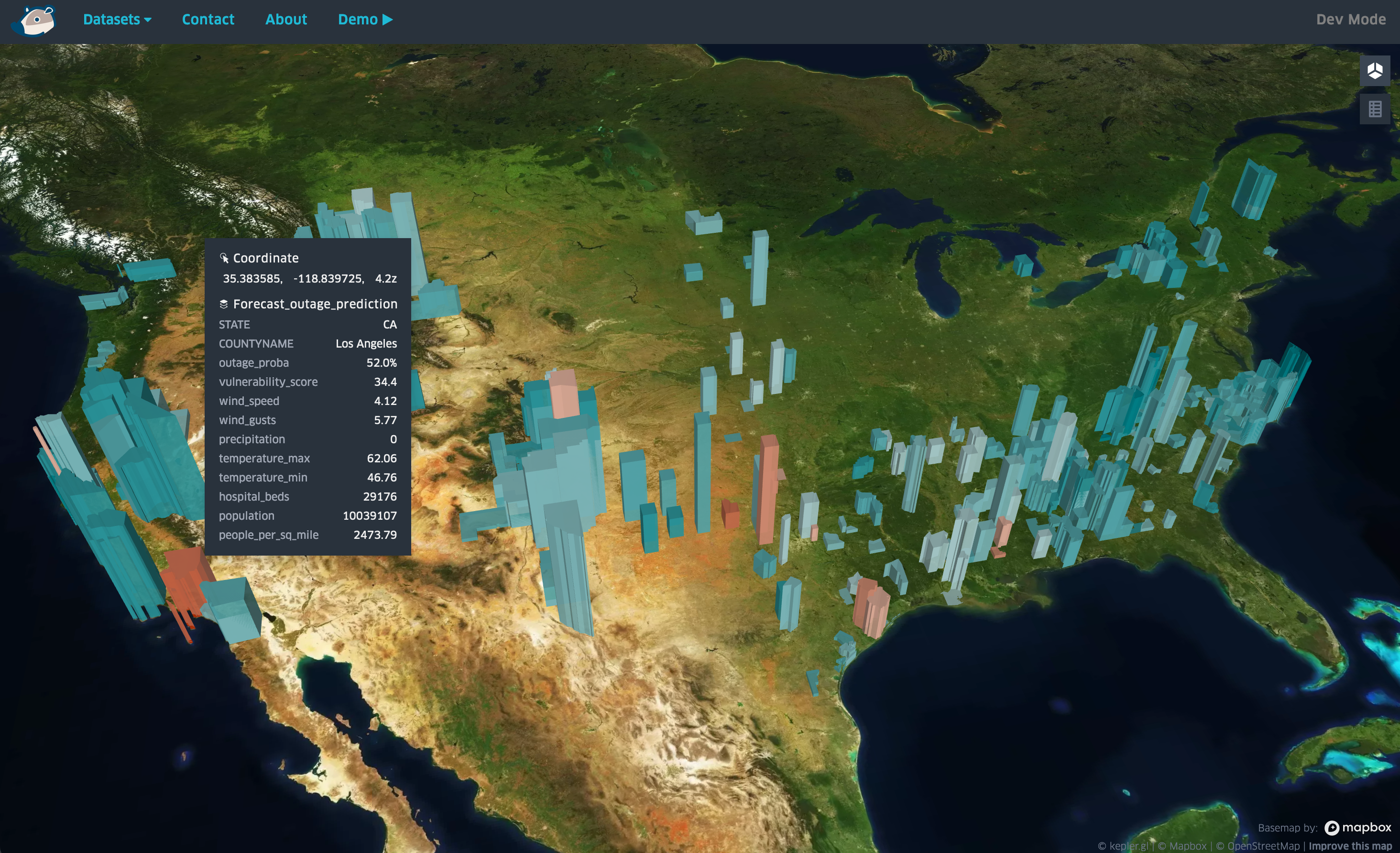 Map with elevations of bars over areas of vulnerabilities mostly spread across the southern states